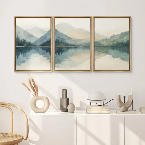 Miniatura 3 de SIGNWIN Lienzo enmarcado para pared, juego de arte tranquilo con reflejo de lago, acuarela, montaña y agua, ilustraciones modernas, arte abstracto