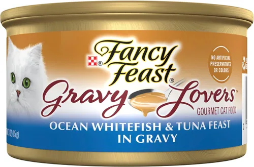 Purina Fancy Feast Gravy Lovers Alimento húmedo para gatos, pescado blanco y atún en salsa con sabor a mariscos, 24 unidades de 3 onzas cada una -