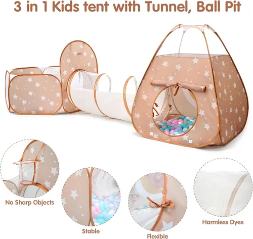 Miniatura 3 de Tienda de campaña desplegable 3 en 1 para niños con túnel y piscina de pelotas para niños, niñas, bebés y niños pequeños, casa