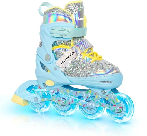Mammygol Patines en línea para niñas y niños, 4 tamaños ajustables para niñas de 3 a 12 años con ruedas iluminadas y protección de seguridad, regalo