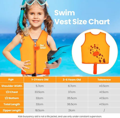 Miniatura 6 de Chaleco de natación para niños de neopreno con correa de seguridad ajustable para edades de 1-3 y 3-6 años Ks-naranja