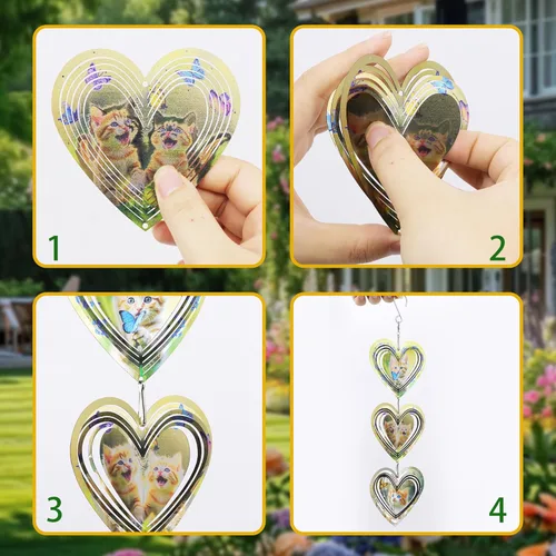Miniatura 5 de Molinillos de viento para exteriores, repelente de pájaros, corazones 3D con patrón de gato colgante, 15 pulgadas, cinético, metal de acero