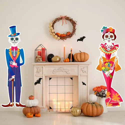 Miniatura 7 de Namalu Paquete de 2 carteles de Día de los Muertos para patio al aire libre, decoraciones de césped con calavera de azúcar con estacas para fiesta