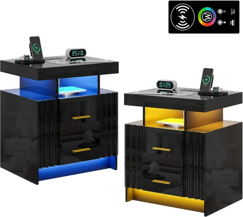 Miniatura 14 de HNEBC Mesita de noche LED, RGB blanco con estación de carga USB/inalámbrica, moderna mesita de noche con sensor automático de luces RGB, mesa blanco