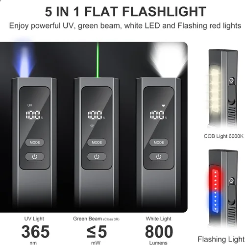 Miniatura 2 de Linterna plana EDC 5IN1 con haz verde, combo recargable de luz blanca de 800 lúmenes, LT010 luces de flash de bolsillo portátiles con imán