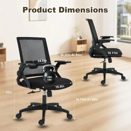 Miniatura 2 de Silla de oficina ergonómica, silla de escritorio de 400 libras con brazos abatibles y soporte lumbar, silla giratoria de trabajo rodante con malla