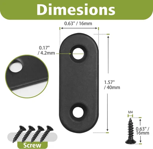 Miniatura 4 de Soporte plano de 1.575 x 0.630 x 0.079 in, soporte recto de acero inoxidable, soporte recto de metal, soporte recto negro, placa de unión