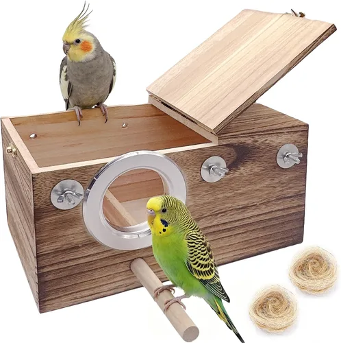 Miniatura 9 de Tfwadmx Caja nido de periquitos, caja transparente para cría de nido de pájaros, caja nido de loro de madera con jaula de perca para pájaros, casa