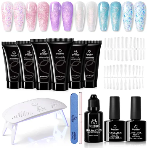 Miniatura 10 de Beetles - Kit de extensión de gel de uñas de polietileno, 6 colores de gelatina nude con solución deslizante, mejora de uñas para principiantes