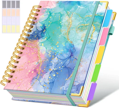 Miniatura 21 de Cuaderno universitario de espiral con tapa dura de cuero de 8 x 10 pulgadas, con pestañas separadoras extraíbles, para 5 materias, a rayas; diario
