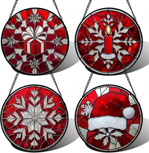 DASTOLL Juego de 4 Piezas de Decoración Colgante para Ventana de Vidrio Manchado Rojo Temática de Navidad 16 cm - Atrapasoles para Puerta, Jardín,