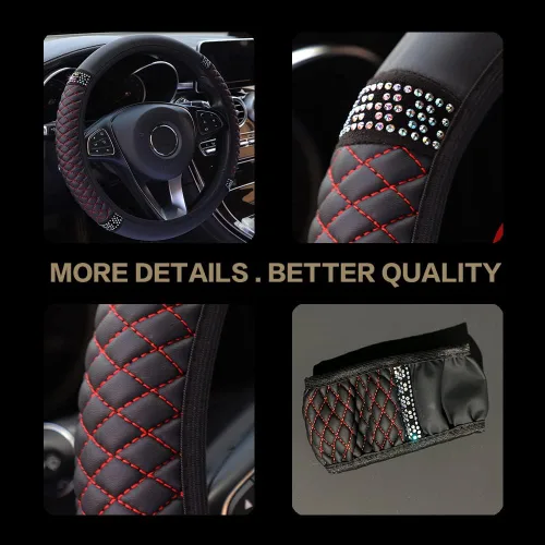 Funda de cuero con diamantes para volante, de cuero suave y brillante para mujeres y niñas, universal de 15 pulgadas, transpirable, antideslizante,