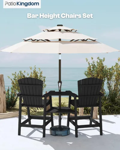 Miniatura 6 de Juego de 2 sillas altas Adirondack de Patio Kingdom, sillas de cubierta de HDPE con bandejas conectadas y agujero para sombrilla, taburetes de bar