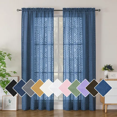 Miniatura 53 de Simplebrand Cortinas traslúcidas negras de cocina de 24 pulgadas de largo, 2 paneles, filtrado de luz, geométrico jacquard con textura, cortinas