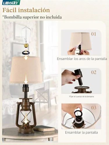 Miniatura 6 de LEDIARY Juego de 2 lámparas de mesa LED vintage de linterna parpadeante de llama para dormitorios, pequeñas lámparas rústicas de estilo granja