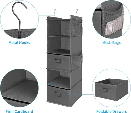 Miniatura 5 de MAX Houser Organizador colgante de armario de 5 niveles, estante colgante de tela con 2 ganchos resistentes para almacenamiento, plegable (gris-D2)