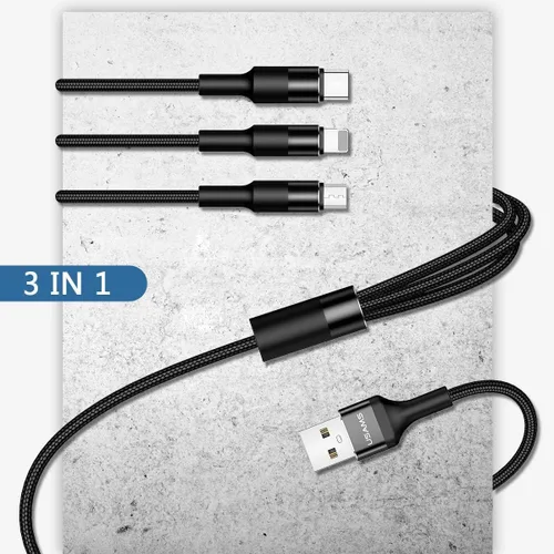 Miniatura 2 de USAMS Paquete de 2 cables de carga múltiple, cable de carga múltiple USB trenzado de nailon 3 en 1 de 5 pies, cable de carga rápida compatible