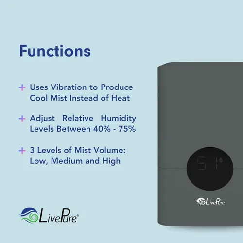 Miniatura 3 de LivePure Humidificador digital ultrasónico de llenado superior de niebla fría de 1.2 L (.3 galones) con pantalla LED, grafito
