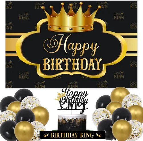 Decoraciones de cumpleaños King para hombres, pancarta de fondo de fiesta de cumpleaños para niños, globos negros y dorados, decoraciones de feliz