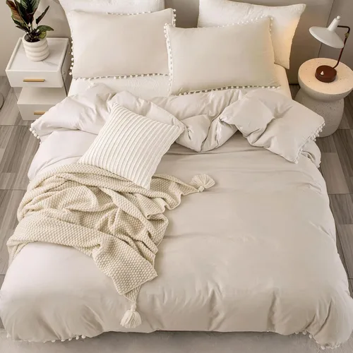 Miniatura 7 de Bedbay Juego de edredón bohemio color beige, edredón con pompones, decoración de habitación estética, bonito juego de ropa de cama con flecos