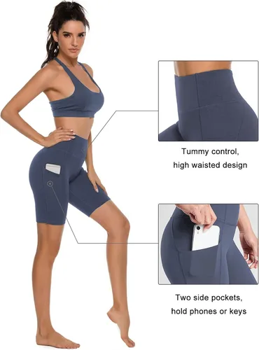 Miniatura 3 de Stelle Pantalones cortos de yoga de cintura alta de 8 a 5 pulgadas para mujer, con bolsillos, control de abdomen, pantalones cortos de entrenamiento