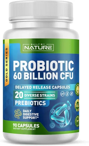 Built by Nature Probiótico 60 mil millones de UFC – 20 cepas + prebióticos – Apoyo inmunológico y digestivo – para mujeres y hombres – Cápsulas de