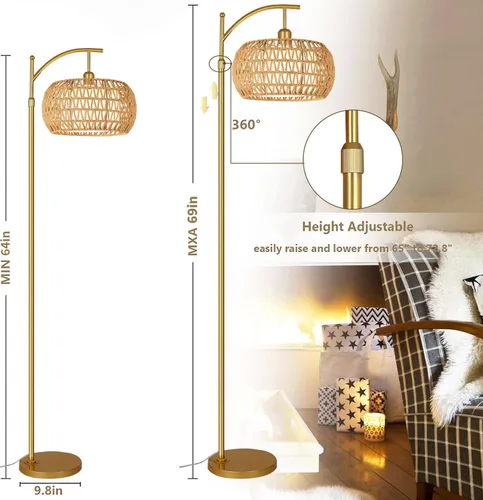 Miniatura 6 de Lámpara de pie dorada para sala de estar con 3 temperaturas de color, lámparas de pie bohemias de arco con control remoto, lámpara de pie de ratán