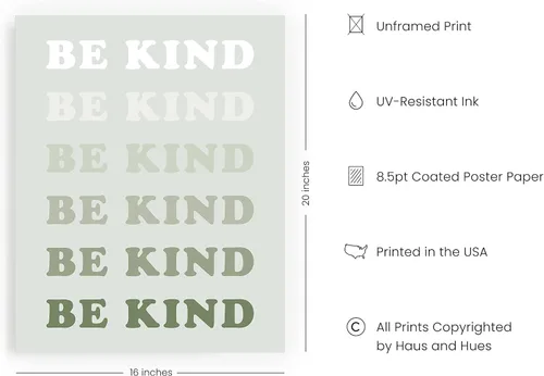 Miniatura 2 de HAUS AND HUES Be Kind Poster - Arte de pared con letras verdes sin marco, 16 x 20 pulgadas, póster vertical con cita motivacional para dormitorios