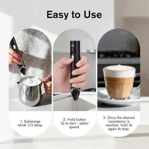 Miniatura 6 de RAFOW Espumador de leche eléctrico de mano: varita espumadora recargable con soporte, 3 velocidades y mezclador de bebidas desmontable de doble