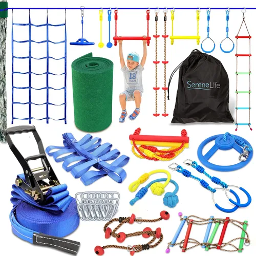 SereneLife Ninja Warrior Slack Line Carrera de obstáculos de 50 pies con 18 accesorios de escalada de árboles de gimnasio en la selva, juego de