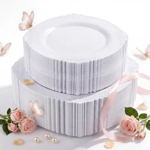 Miniatura 17 de Morejoy 100 platos de plástico, desechables, platos de postre de oro blanco y rosa de 7.5 pulgadas para bodas, fiestas y duchas rosa y oro