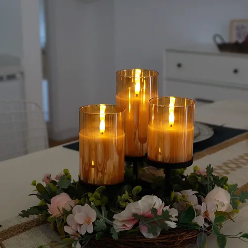 Miniatura 4 de Amagic juego de 3 velas sin llama de vidrio dorado, operadas con pilas con temporizador, control remoto, velas LED parpadeantes falsas de pilar
