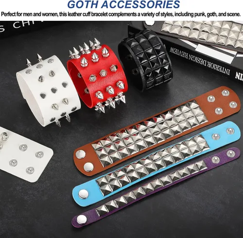 Miniatura 4 de MECCANIXITY 2 pulseras punk de cuero de 8.7 pulgadas/8.7 in en capas de remaches cuadrados, pulseras