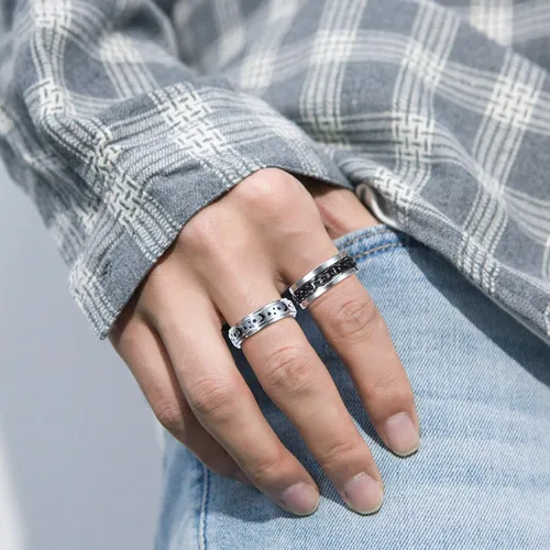 Miniatura 5 de Sanfenly Juego de 9 anillos antiestrés para la ansiedad para mujeres y hombres cadena fría de acero inoxidable con incrustaciones de luna sol