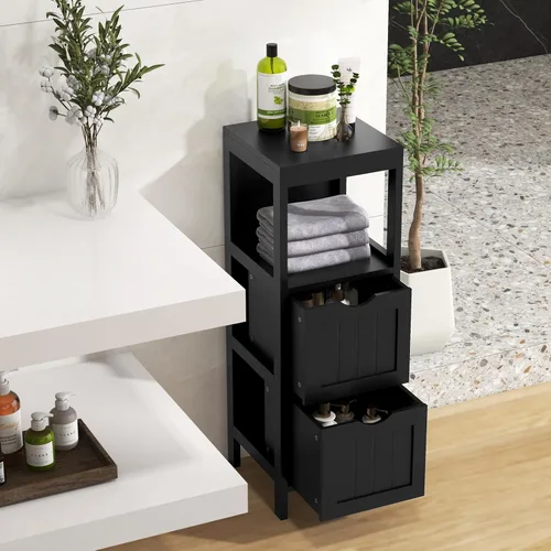 Miniatura 2 de Tangkula Armario de almacenamiento de baño pequeño con 2 cajones extraíbles, armario de piso independiente de madera para baño, dispositivo Negro