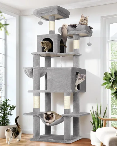 Globlazer Torre de árbol para gatos, muebles para gatos de varios niveles extra altos de 76 pulgadas con cómodos condominios, hamaca y perchas para