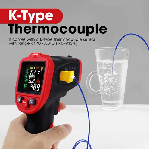 Miniatura 2 de Termómetro infrarrojo IR láser pistola de temperatura 58 ° ~ 1562 °F con termopar tipo K y abrazadera de plomo, termómetro digital con abrazadera