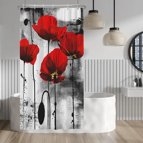 Cortina de ducha con estampado de amapola roja, con pintura de tinta de flores rojas, cortinas de ducha decorativas para baño, dormitorio, color