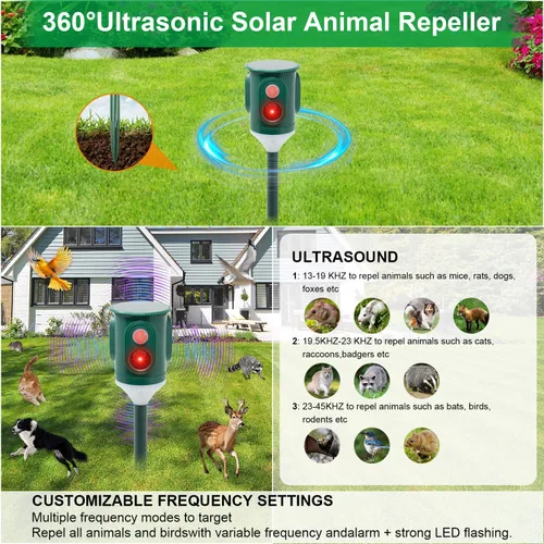 Miniatura 4 de Repelente solar ultrasónico de animales para exteriores, disuasorio de plagas activado por movimiento de 360° con luz estroboscópica, protección