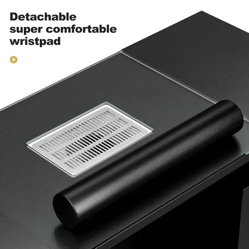 Miniatura 5 de Paddie Mesa de manicura, estación de mesa de escritorio de maquillaje de uñas con parte superior de vidrio para tecnología con ventilación Negro