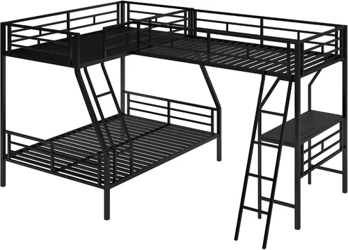 Miniatura 6 de SOFTSEA Literas triples de metal para adolescentes, litera en forma de L individual sobre individual para 3 niños, individual sobre individual sobre