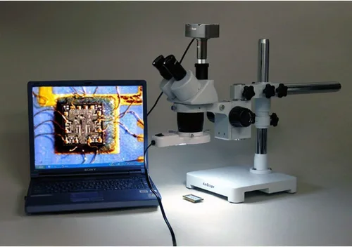 Miniatura 3 de AmScope Microscopio estéreo trinocular SW-3T24-FRL, oculares WH10x, aumento 20X/40X, objetivo 2X/4X, soporte de brazo único, luz de anillo