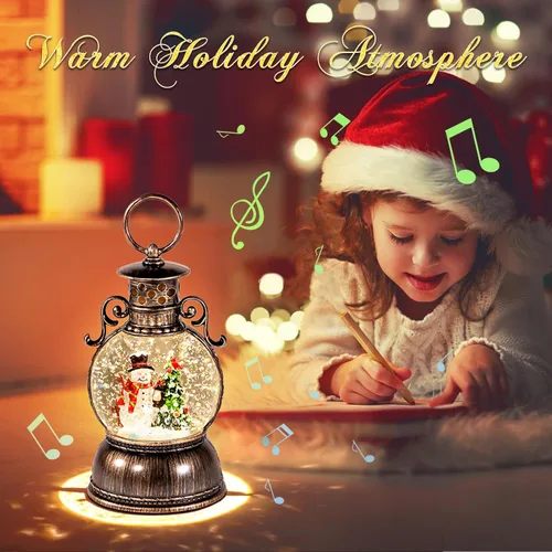 Miniatura 3 de Globos de nieve de Navidad, linterna musical, globo de nieve cilíndrico con temporizador de 6 horas, globos de nieve de bronce con caja de música