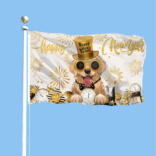 Miniatura 2 de SENSEVEN Bandera de perro Golden Retriever de 3 x 5 pies, de doble cara, pancarta de invierno para exteriores, Año Nuevo, reloj de fuegos