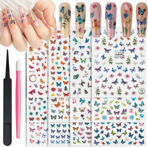 Calcomanías para uñas, autoadhesivas 3D, varios colores, mariposa, manicura, con kit, para decoración de uñas