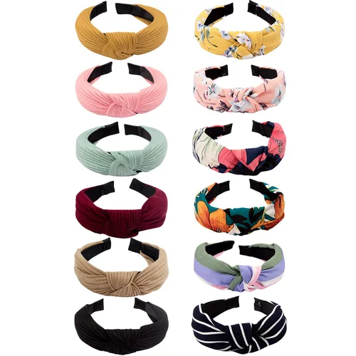 VELSCRUN Diademas anudadas para mujer, 12 unidades, diadema ancha, estilo bohemio, turbante, banda elástica para el cabello, accesorios para el