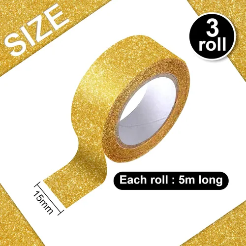Miniatura 2 de 3 rollos de cinta con purpurina dorada, cinta Washi con purpurina dorada de 0.591 in por 16.4 ft, total 49.2 ft/17.5 yardas, para álbumes