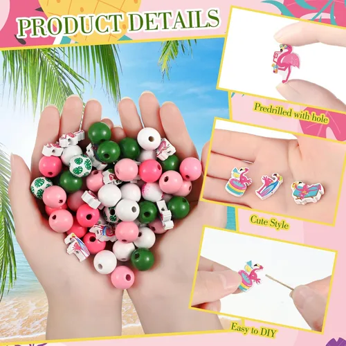 Miniatura 5 de Tradder 200 cuentas redondas de verano de flamenco, cuentas de madera con hojas de palma pulidas hawaianas tropicales para hacer joyas, manualidades