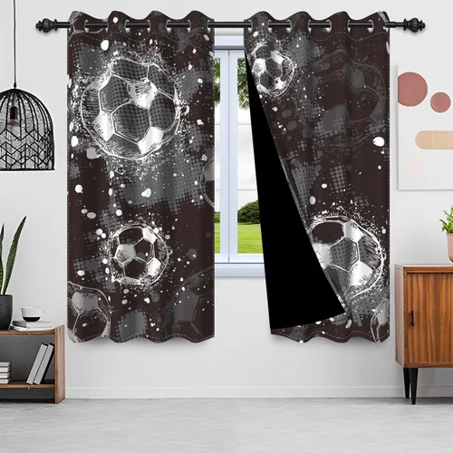 Miniatura 2 de Cortinas opacas de fútbol para dormitorio de niños, con temática deportiva, para sala de fútbol, cortinas de fútbol en blanco y negro