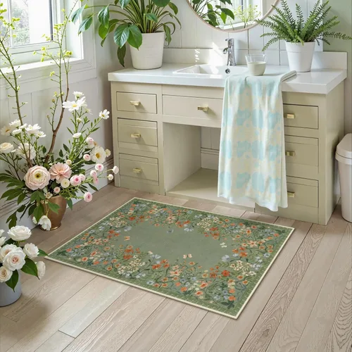 Miniatura 6 de Wonnitar Alfombra de área lavable de 2 x 3, alfombra de entrada floral verde, alfombra bohemia pequeña antideslizante para baño, alfombra suave